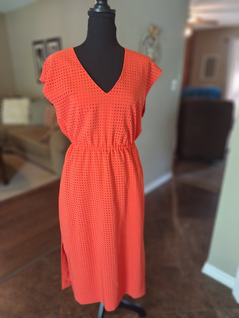 J Crew Women’s Red Orange Eyelet V-Neck Elastic Waist Dress